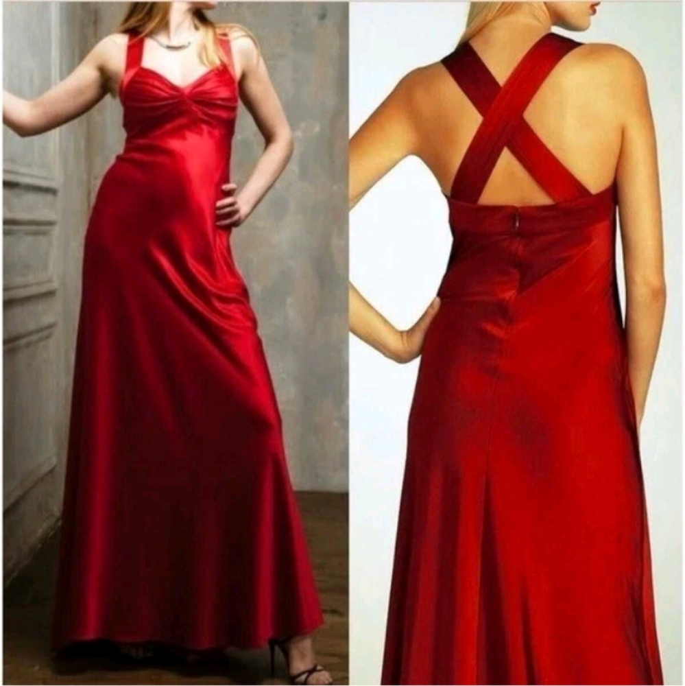 Calvin Klein Cross Back Satin Formal Long Maxi Dress Cherry Red Size 12?